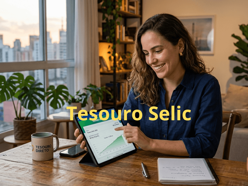 Pessoa analisando investimento no Tesouro Selic pelo celular com gráfico de crescimento financeiro ao fundo