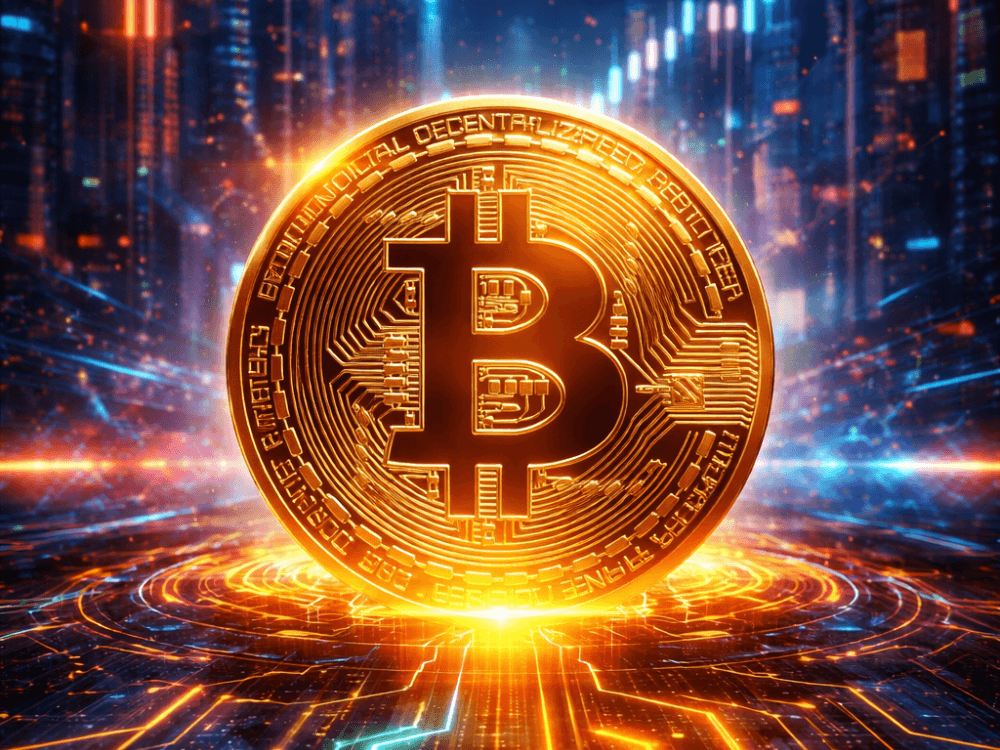 Bitcoin em cenário futurista representando as perspectivas e o futuro da maior criptomoeda do mercado.